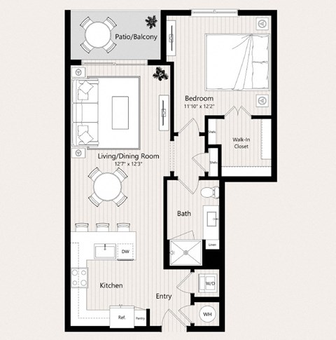 Floor plan for 1 bed, 1 bath, 825 sqft